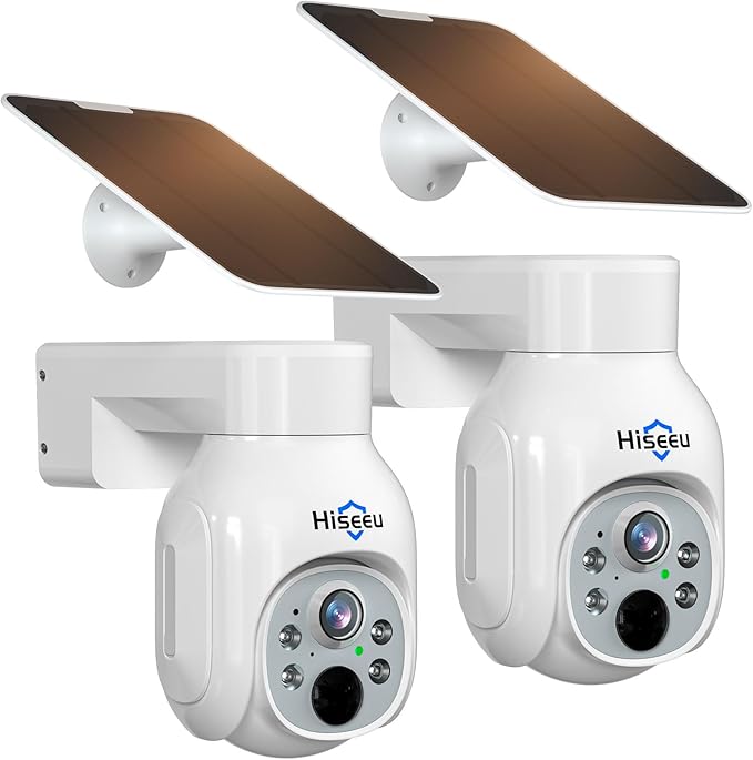 Hiseeu Solar Security Camera Outdoor, 4MP Wireless WiFi Camera, PTZ 360° View, PIR Motion Detection, Color Night Vision, IP66, 2-Way Audio, Compatible with Alexa (2PCS)