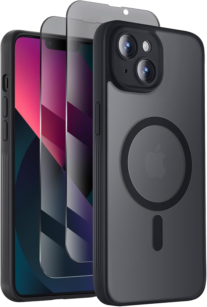 Symcele Designed for iPhone 13 Case, Compatible with MagSafe, with Privacy Screen Protectors X2, [Camera Protection] [15FT Military Drop Protection] Shockproof Phone Case, 6.1", Black