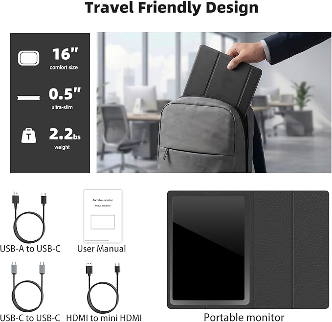 Portable Gaming Monitor 16 Inch 144Hz 1920x1200 FHD+ USB-C Portable Monitor, HDR IPS Second Screen for Laptop MacBook Pro PC PS5 Xbox Switch