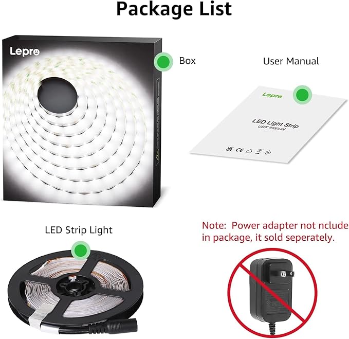 Lepro 12V LED Strip Light, Flexible, SMD 2835, 16.4ft Tape Light for Home, Kitchen, Party, Christmas and More, Non-Waterproof, Daylight White(Not Include Power Adapter)
