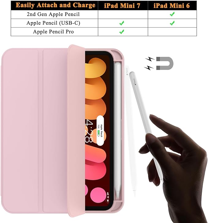 Soke Case for iPad mini 7(A17 Pro) 2024/iPad Mini 6 2021 8.3 inch with Pencil Holder-[Pencil Charging + Auto Wake/Sleep], Soft TPU Back Cover for iPad mini 7th/6th Generation(Pink)