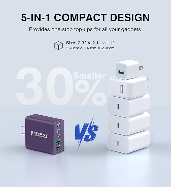 [2Pack] 50W USB C Plug,5-Port Fast Charger Block PD+QC Cube Wall Charging Box Brick for iPhone 17/16/15/14/13 for Samsung Galaxy S25/S24/S23/S22/S21+/S21 Ultra, Magsafe Wireless Charger,(Purple)