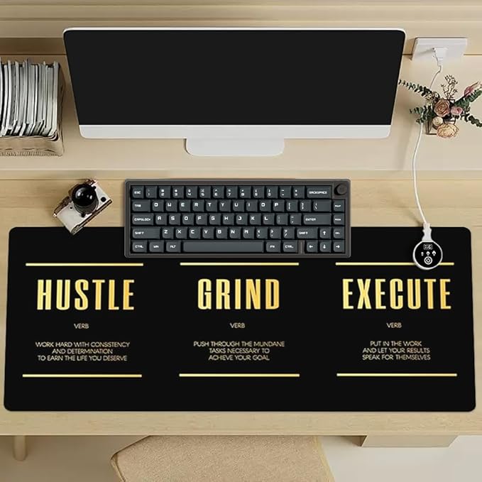 Black Gold Hustle Grind Execute Keyboard Mat Positive Saying Mousepad Office Long Mouse Pad Motivational Desk Pad Mouse Mat for Desktop Gamer Guy Boys Mens Office Accessories 31.5"x15.7"