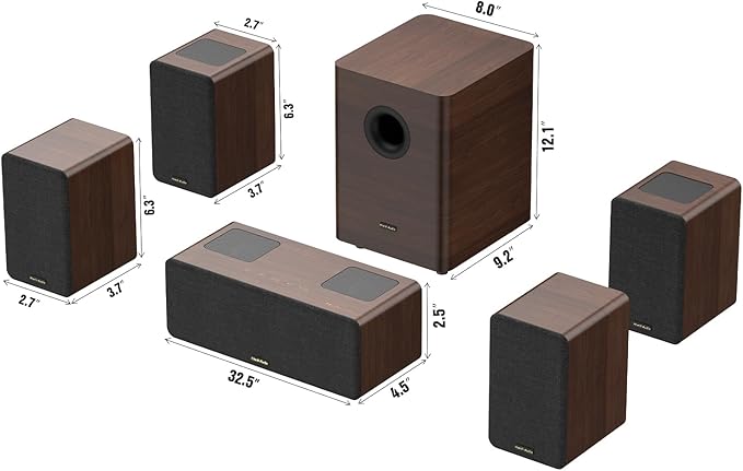 Wooden 5.1.2 Virtual Surround Sound System, 4 Surround Speakers Wired, 400W Peak Power, Sound Bars for Smart TV w/Subwoofer, 5.25'' Deep Bass, Home Theater TV System, ARC/OPT/BT/AUX (M514)