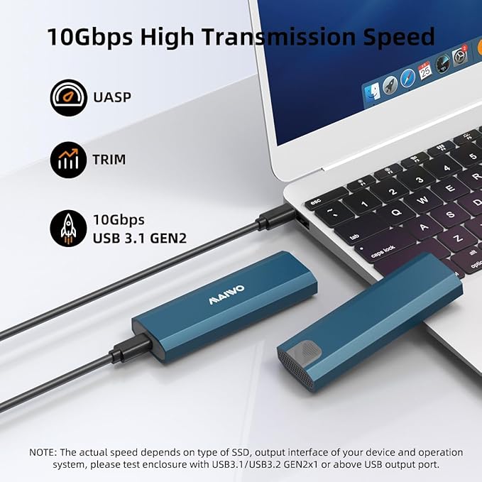 MAIWO M.2 SSD Enclosure for PCIe NVMe and NGFF SATA Solid State Drive, USB C 3.1 10Gbps with UASP Trim, 8TB Capacity, Tool Free M.2 to USB Adapter Case Reader