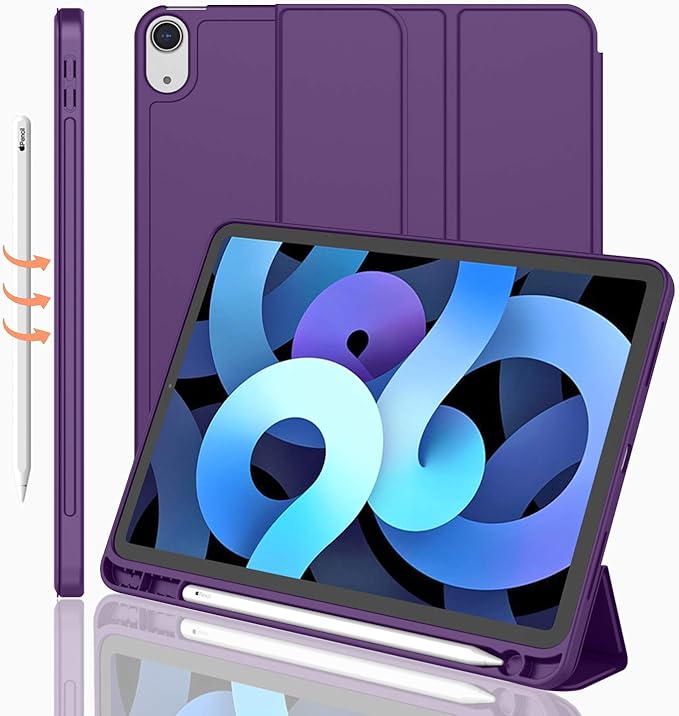 iMieet iPad Air 11 Inch Case M4/M3/M2(2026/2025/2024), iPad Air 5th/4th Generation Case 2022/2020 10.9 Inch with Pencil Holder,Trifold Stand Smart Case with Soft TPU Back(Dark Purple)