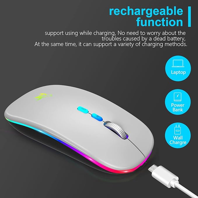 HOTLIFE LED Wireless Mouse, Slim Rechargeable Bluetooth Mouse, 2.4G Portable USB Optical Wireless Computer Mice with USB Receiver and Type C Adapter (Grey)