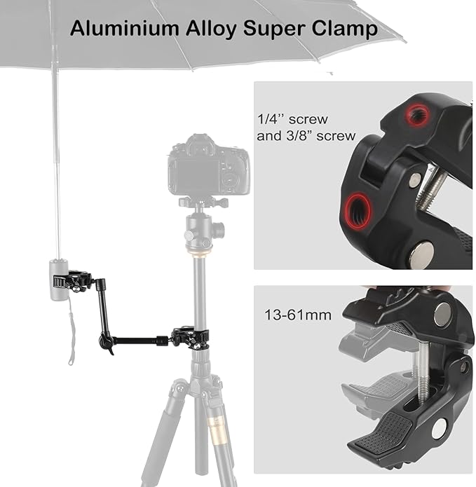 PellKing Magic Arm Clamp Kit, Camera Mount Articulating Friction Arm w 2 Pcs Super Clamp, w 1/4"-20 Screw and Thread Hole, for Camera, Light, Monitor, Webcam or Action Camera 2kg, for Table, Tube