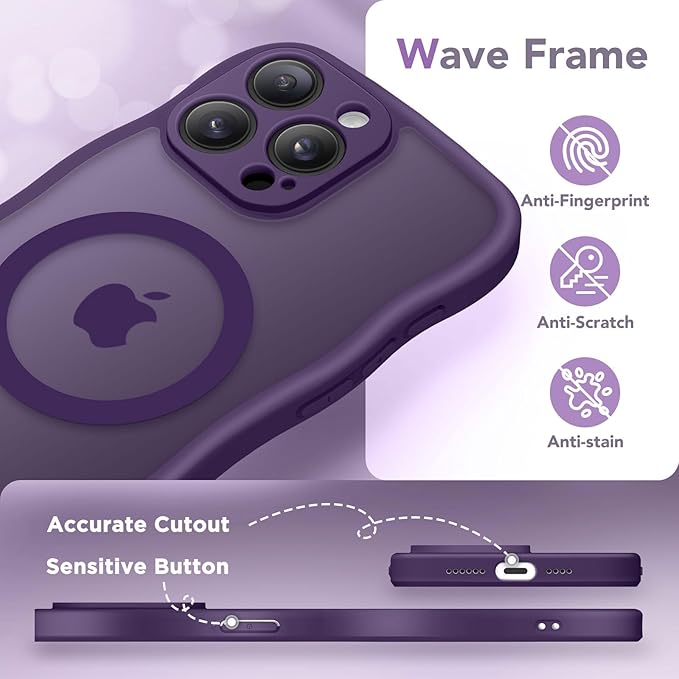 CAPRARO Cute for iPhone 14 Pro Case, Compatible with MagSafe, [Curly Wave Edge] [Full Camera Protection] [14 FT Drop Protection] Magnetic Phone Case for 14 Pro 6.1 Inch, Deep Purple