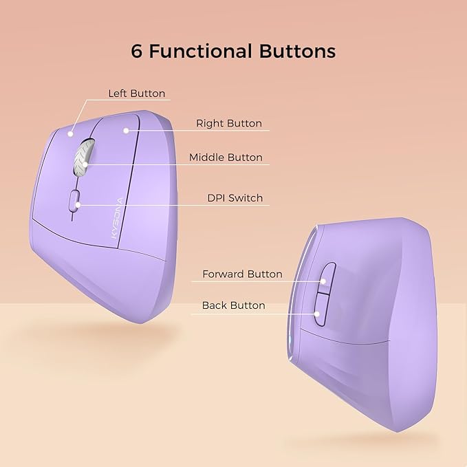 KYSONA 57° Ergonomic Wireless Tower Mouse, Vertical Quiet Ergo Mouse, Bluetooth(BT5.0,BT3.0)&2.4G, (800/1200/2400/2400/4000), 7 Buttons for Windows, macOS, iPadOS, Laptop, PC,Purple