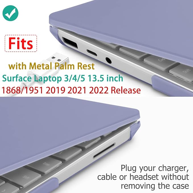 Case for 13.5" Microsoft Surface Laptop 5/4/3 with Metal Palm Rest ONLY 2019-2022 Release Models:1868/1951, Plastic Hard Shell Case with Keyboard Cover & Screen Protector, Lavender Gray