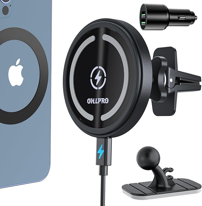 OHLPRO for MagSafe Car Mount Charger iPhone Wireless Car Charger, Stick on Dashboard Magnetic Phone Holder Mount for iPhone 17 Pro Max 16 15 14 Series, 15W Fast Charging, Aluminum Shell
