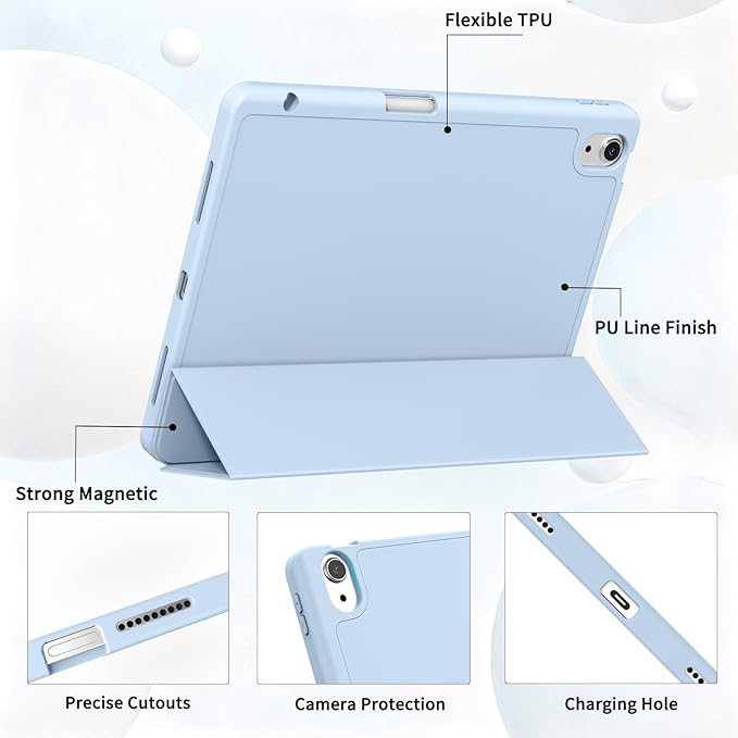 Case for iPad Air 11-Inch M4/M3/M2 2026/2025/2024, iPad Air 5/4 (2022/2020 5th/4th Generation 10.9-Inch) with Pencil Holder, Slim Stand Soft Back Support Touch ID, Auto Wake/Sleep, Light Blue