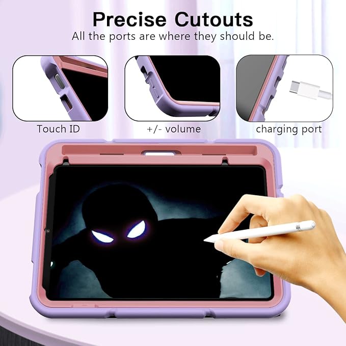 Grifobes Case for iPad mini 7th 2024 (A17 Pro) / Mini 6th Generation 2021 8.3", Heavy Duty Shockproof Cover with Pencil Holder Stand, for i Pad Mini 7/6 Gen 8.3 inch Case (Purple+Pink)