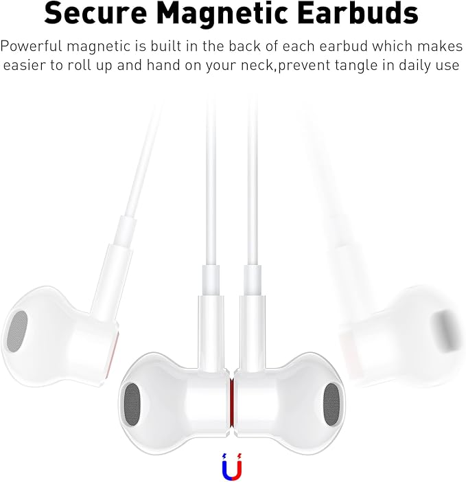 USB C Headphones Wired Type C Earphones for Samsung/Galaxy S26 S25 S24 Plus S23 S22 S21 S20 Ultra Magnetic Corded Earbuds for iPhone 15 Pro Max 16 16e 17 17e Air for Apple/Android Ear Buds White/Red
