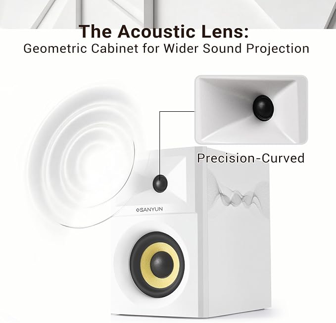 Sanyun SW205 4" 80W HiFi Bookshelf Speakers, 2.0 Active Near Field Studio Monitor, Upgraded 3D Sound Field, Flagship DAC & DSP, Geometric Diffusion Cabinet, Bluetooth 5.4/Optical/AUX, White