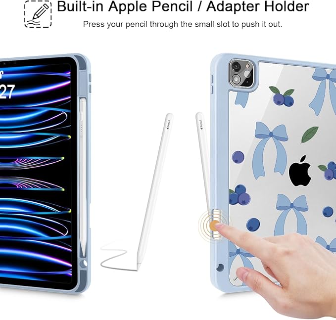 Tuiklol for iPad Pro 12.9 Inch 6th/5th/4th/3rd Generation 2022 2021 2020 2018 Case,Built-in Pencil Holder Clear Transparent Protective Back Shell Cover with Auto Sleep/Wake, Blueberries-Blue