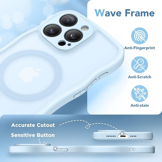 CAPRARO Cute for iPhone 15 Pro Case, Compatible with MagSafe, [Curly Wave Edge] [Full Camera Protection] [14 FT Drop Protection] Magnetic Phone Case for 15 Pro 6.1 Inch, Light Blue