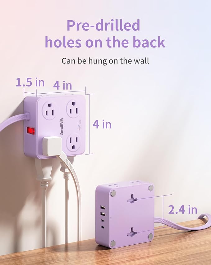 Extension Cord with Multiple Outlets, SMALLRT Surge Protector, 10FT Flat Plug Power Strip, Power Strips with Surge Protection with USB Ports, 8 Outlets, Outlets Extender for Home Office, Purple