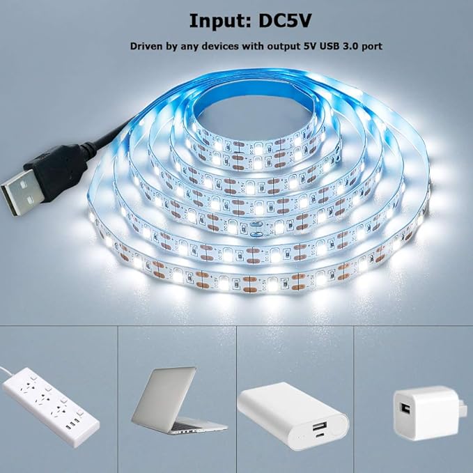 USB LED Strip Light Cool White 6000K 5V USB Powered 13.12ft/4M 240LEDs Flexible SMD2835 High Brightness No-Waterproof IP20 LED Tape Lights(2pcs x 6.6ft)