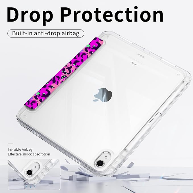 Clear Case for iPad A16 11th Generation 11 Inch 2025 & iPad 10th Generation Case 10.9 Inch 2022 Cover with Pencil Holder, Origami Trifold Multi-Angles Stand, Purple Leopard