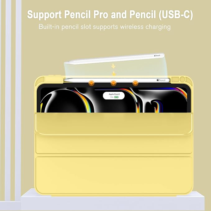 ZryXal New iPad Pro 13 Inch Case (M5) 2025 / (M4) 2024 with Pencil Holder, Smart iPad Case [Support Pencil Pro and Pencil (USB-C)], Support Touch ID and Auto Wake/Sleep (New Yellow)