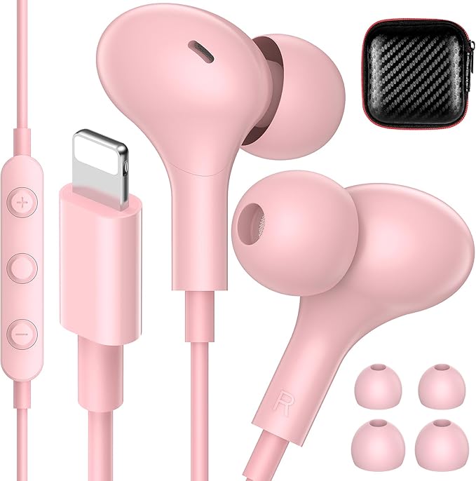 iMangoo for Apple MFi-Certified Headphones for Lightning Wired Earbuds Magnetic Ear Buds with HiFi Bass,3 Ear Tips Mic Corded Earphones for Gym, Commuting for iPhone 14 Plus 13 12 11 Pro Max Pink