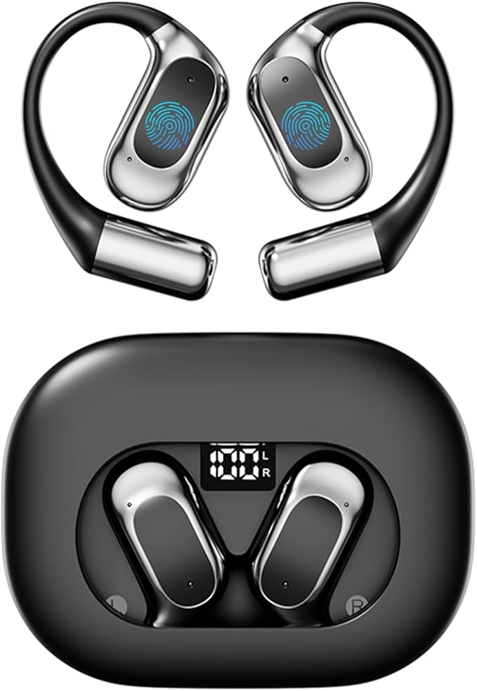 Open Ear Earbuds, Bluetooth Headphones 5.4 Sports with Smart Digital Display, 40H Playtime, Clear Calls,IPx4 Waterproof, Wireless Over Ear Buds Lightweight Design Fit Cycling, Running, Workout(black)