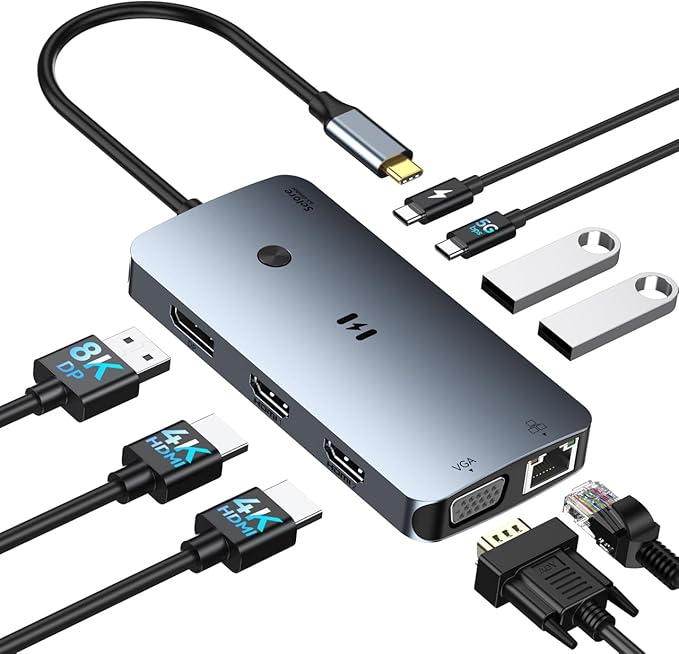 USB C Docking Station Dual Monitor Adapter, Selore Laptop Docking Station 3 Monitors Quad Display with 2 HDMI, DP, VGA, Ethernet, 3 USB A&C 3.0, 100W PD, USB C Hub Dongle for DELL, HP and More