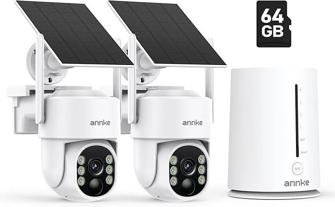 ANNKE 2.5K Wireless Security Camera Outdoor, 5MP 2-Cam Kit Solar Surveillance System, PIR Human Detection, 360° Pan&Tilt, Compatible with Alexa, Color Night Vision, No Monthly Fee, 64GB Memory Card