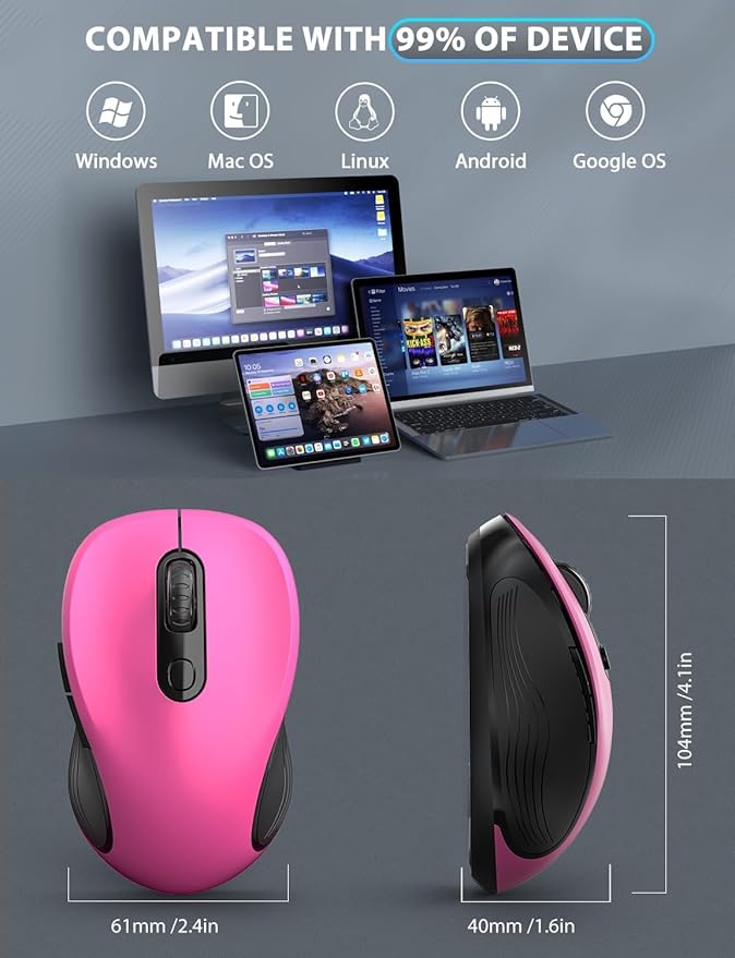 Trueque Wireless Mouse, 2.4GHz Ergonomic Mouse for Laptop & PC, Silent Portable Computer Mice with Back & Forward Buttons, USB-C Adapter for Windows/Mac, M01 (Fuchsia)