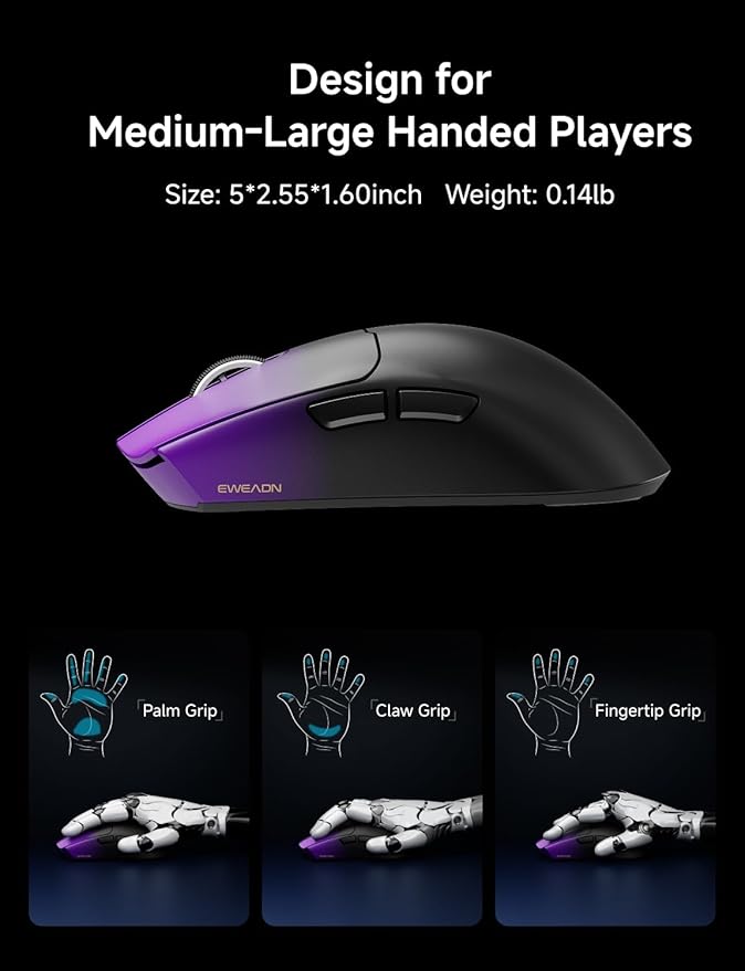 EWEADN S9 Pro Wireless Gaming Mouse, 59g Ergonomic Computer Mouse, 2.4Ghz/Bluetooth/USB-C, 8K Polling Rate, 26000 DPI, PAW3395 Optical Sensor, 250Hrs Battery Life, Programmable for PC/Win/Mac