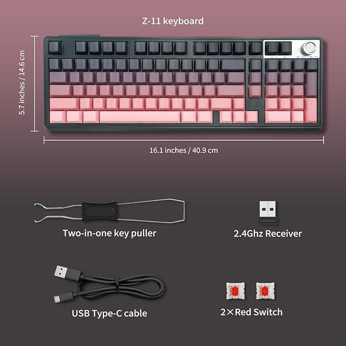 HUO JI Wireless Mechanical Gaming Keyboard with Knob, Bluetooth 5.0/2.4GHz/USB-C Wired, Hot Swappable Red Switches, Anti-Ghosting, Led Backlit, 96% Computer Keyboard for PC Gamer, Pink