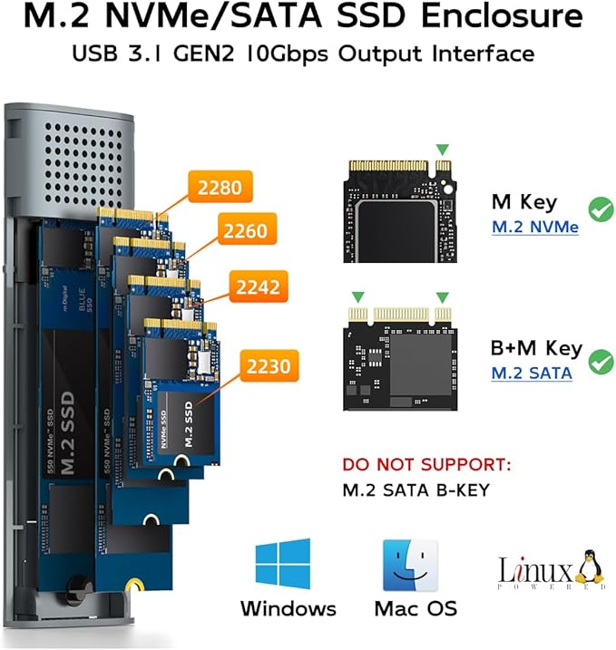 MAIWO M.2 SSD Enclosure for PCIe NVMe and NGFF SATA Solid State Drive, USB C 3.1 10Gbps with UASP Trim, 8TB Capacity, Tool Free M.2 to USB Adapter Case Reader