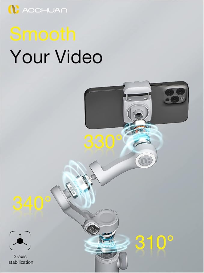 Professional Gimbal Stabilizer for Smartphone w/Wireless Charging OLED Display LED Light Focus Wheel, 3-Axis Phone Gimbal Stabilizer for iPhone 15 14 13 12 Pro/Max/Xs Galaxy S23-AOCHUAN Smart X Pro