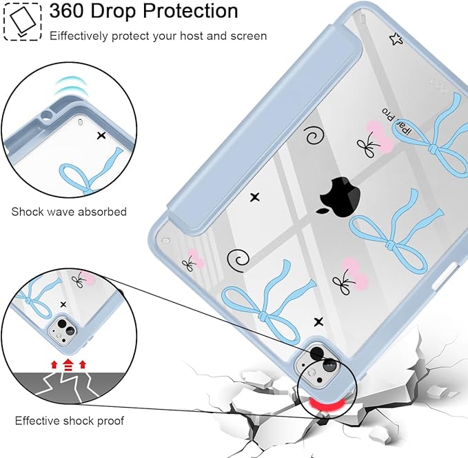 May Chen Case for iPad Pro 11-Inch M5/M4 2025/2024 (6th/5th Generation), Clear Transparent Print Back Shell Slim Stand Shockproof Tablet Cover, Auto Wake/Sleep, Blue Bows Dog