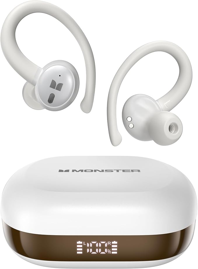 Monster N-Lite 216 Wireless Earbuds, Sports Earbuds with Earhooks, Noise Cancelling Headset, Stereo Deep Bass Over Ear Buds 48H Playtime, IPX6 Waterproof Earphones for Running/Workout（White）