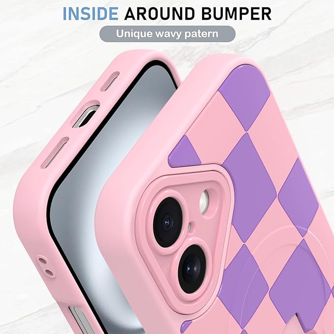 KANGHAR Compatible with iPhone 16 Case, Support for MagSafe, Silicone Checkered Cute Pattern, Wristband Kickstand Camera Protection Soft Slim Cover for Girls Women -Pink