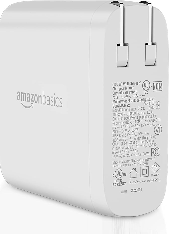 Amazon Basics 100W Four-Port GaN Wall Charger with 2 USB-C (100W, 18W) & 2 USB-A Ports (12W), PD 3.0, Foldable Plug, Portable Multi-Device Charging for Laptops, Tablets & Phones, White