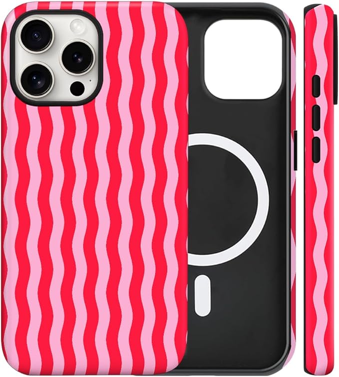 Magnetic for iPhone 15 Case Cute Wavy Stripes Phone Case, Shockproof Slim TPU and Hard PC Protective Phone Cover Compatible with MagSafe Designed for Women Girls, Red
