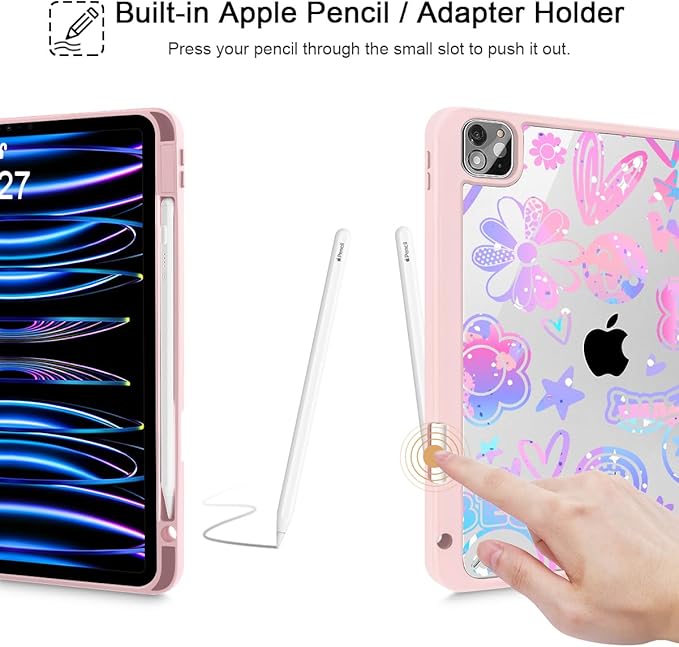 Tuiklol for iPad Pro 12.9 Inch 6th/5th/4th/3rd Generation 2022 2021 2020 2018 Case,Built-in Pencil Holder Clear Transparent Protective Back Shell Cover with Auto Sleep/Wake, Fun Emotions Pink