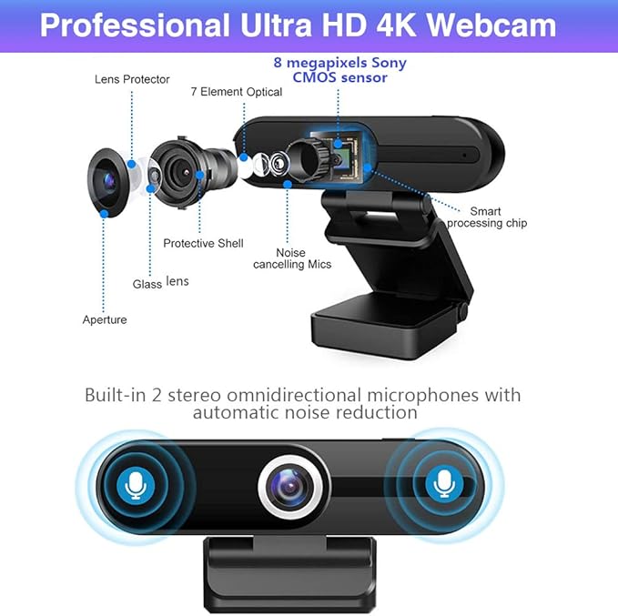 4K Webcam with Microphone and Tripod, USB Web Camera for PC and Laptop, 8MP Widescreen for Video Calling, Recording, Streaming and Conference