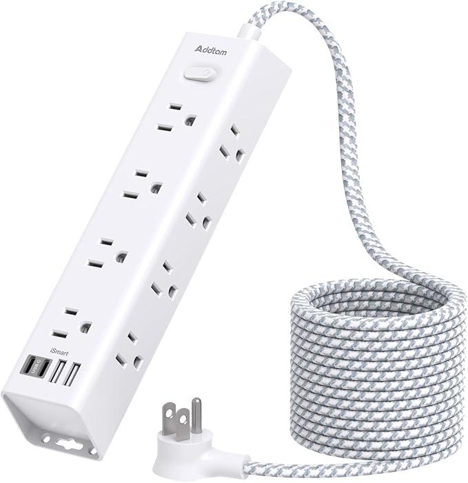 Surge Protector Power Strip - 10 FT Extension Cord, Power Strip with 12 Widely AC Outlet 4 USB, Flat Plug Wall Mount Overload Protection, 1050J, Desk Charging Station for Home Office, ETL Listed,White