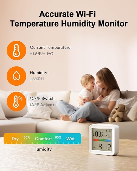 Lumary Smart Thermometer Hygrometer, WiFi & Bluetooth Indoor Temperature Humidity Sensor with App Alert, Led Display, Free Data Storage Export, Digital Remote Monitor for Home & Bedroom