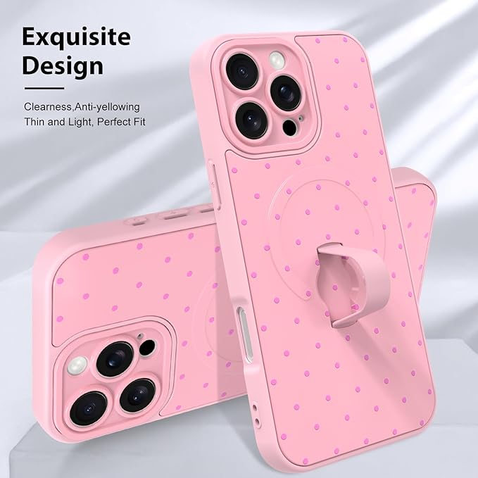 KANGHAR Compatible with iPhone 16 Pro Max Case, Support for MagSafe, Silicone Spot Cute Pattern, Wristband Kickstand Camera Protection Shockproof Soft Slim Cover for Girls Women, Pink