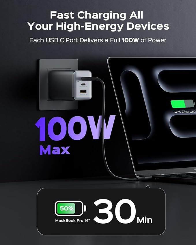 wegear 100W USB C Wall Charger, 3-Port PPS PD 3.0 Compact Foldable Wall Charger Block, Fast Power Adapter for MacBook Pro/Air, Dell XPS, iPad Pro, iPhone 17/16/15, Galaxy S25/S24, (Black)