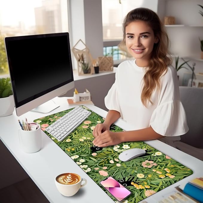 LIMKRIAN Anime Cat Mouse Pad Green Desk Mat, XL Gaming Mouse Pad with Stitched Edges Non-Slip, Large Keyboard Mat for Desktop Computer Laptop Work Home Cute Office Desk Accessories 31.5x11.8 in