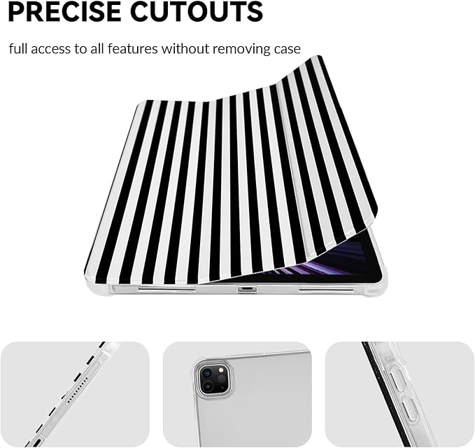 Lovmooful Compatible for iPad Pro 12.9-Inch 2022/2021/2020/2018 (6th/5th/4th/3rd Generation) Case with Pencil Holder Cute Striped with Aesthetic Design Soft TPU Trifold Stand Protective-Black&White