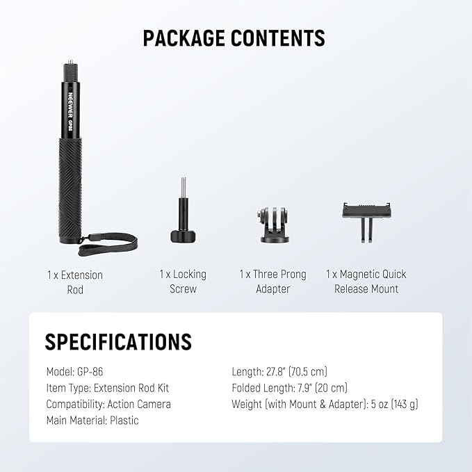 NEEWER Extension Rod Kit Compatible with DJI OSMO Action 5 Pro 4 3 GoPro Insta360 AKASO, 27.8" Invisible Selfie Stick, Action Camera Adapter & Magnetic Quick Release Mount for Video Recording, GP-86