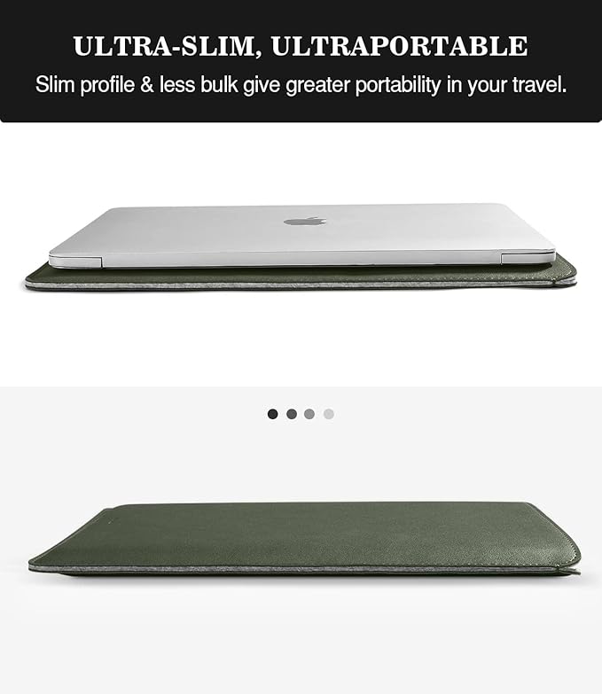 MoKo Laptop Sleeve Compatible with New Mac Pro 14 Inch M5/4/3/2/1 2026-2021, Slim Stylish Laptop Bag Made of PU Leather, Fliz Sleeve Case, Carry Bag for 14 Inch Mac, Midnight Green
